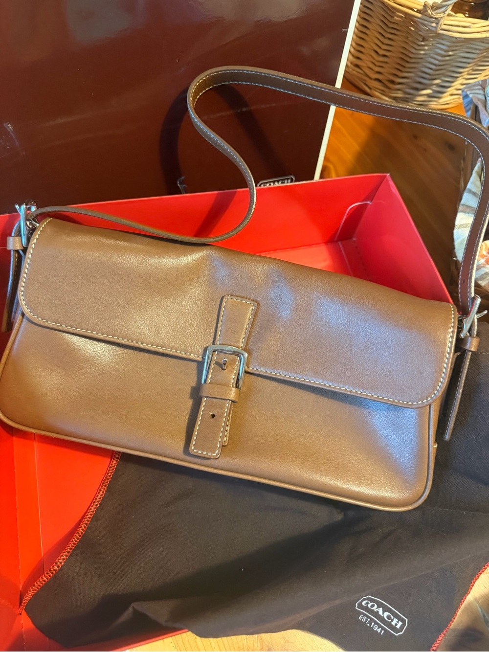 Coach Hamptons Leather Buckle Flap Shoulder Bag. original box and dust bag